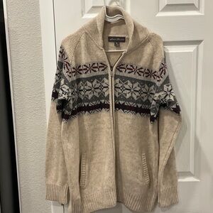 Eddie Bauer Beige and Burgundy Zip-Up Sweater